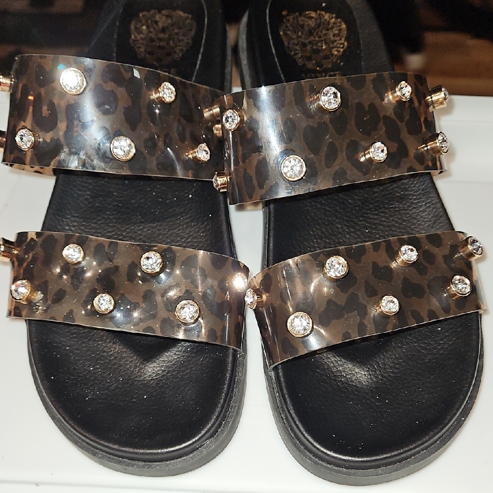 Vince Camuto Black and Brown Leopard Sandals